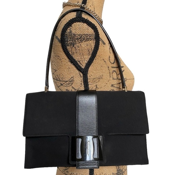 Ferragamo Vintage Y2K Rectangular Black Leather Trim Shoulder Bag - Picture 4 of 16